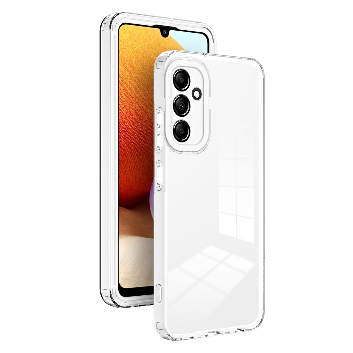 Transparente Handyhülle über einem Telefon. Zeigt Telefon und Hülle. Weiß mit 3 Kameras.