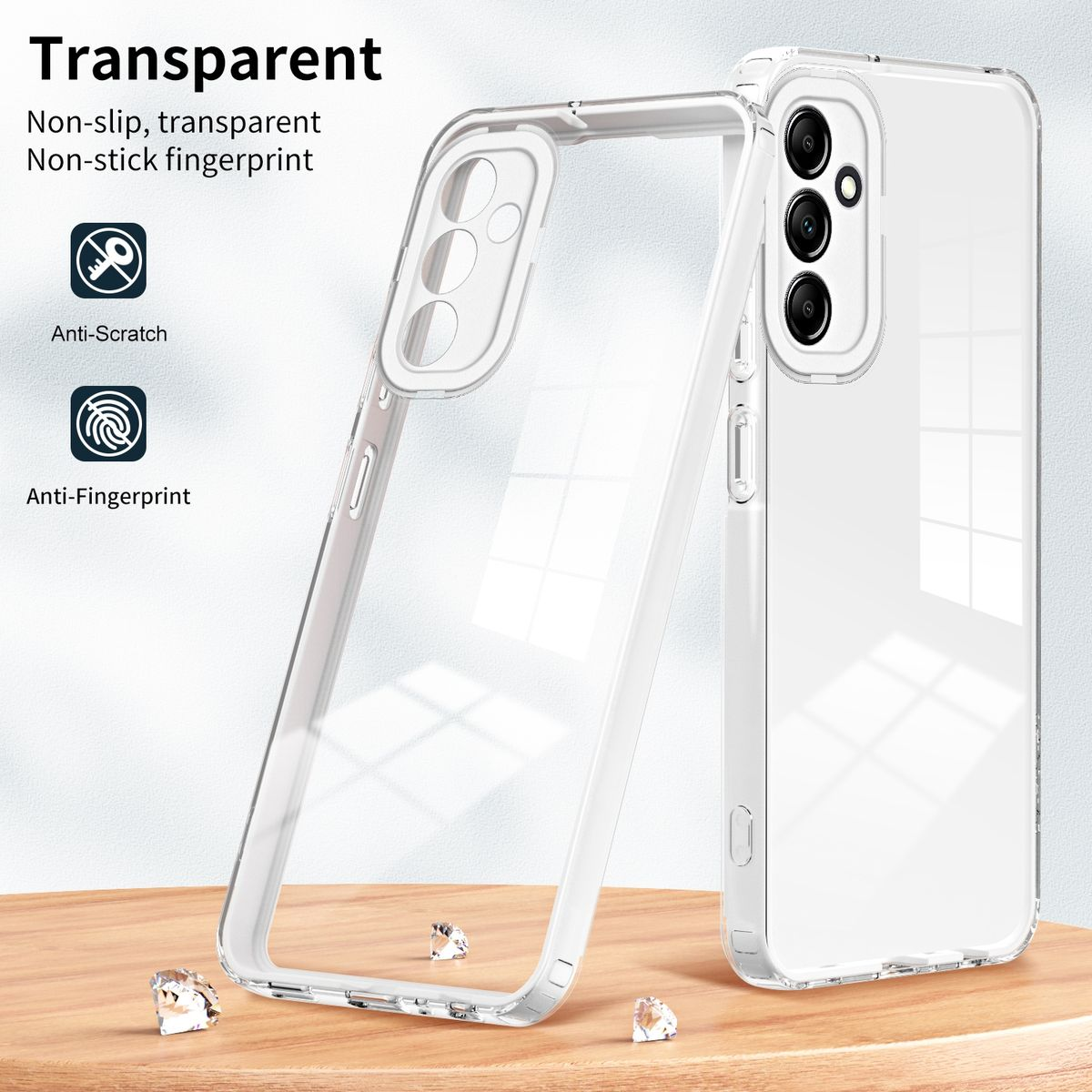 Transparente Handyhülle mit einem Telefon darin. Es hat ein kratzfestes und Anti-Fingerabdruck-Design.