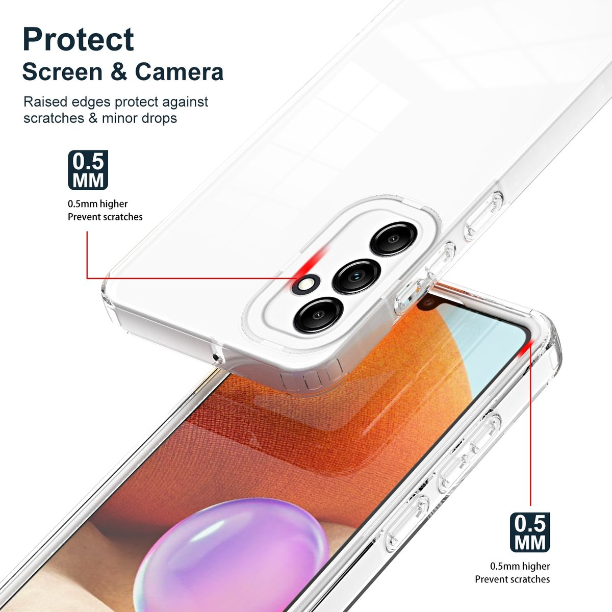 Transparente Handyhülle über einem Telefon. Nahaufnahme des Gehäuses und des Kamerabereichs.