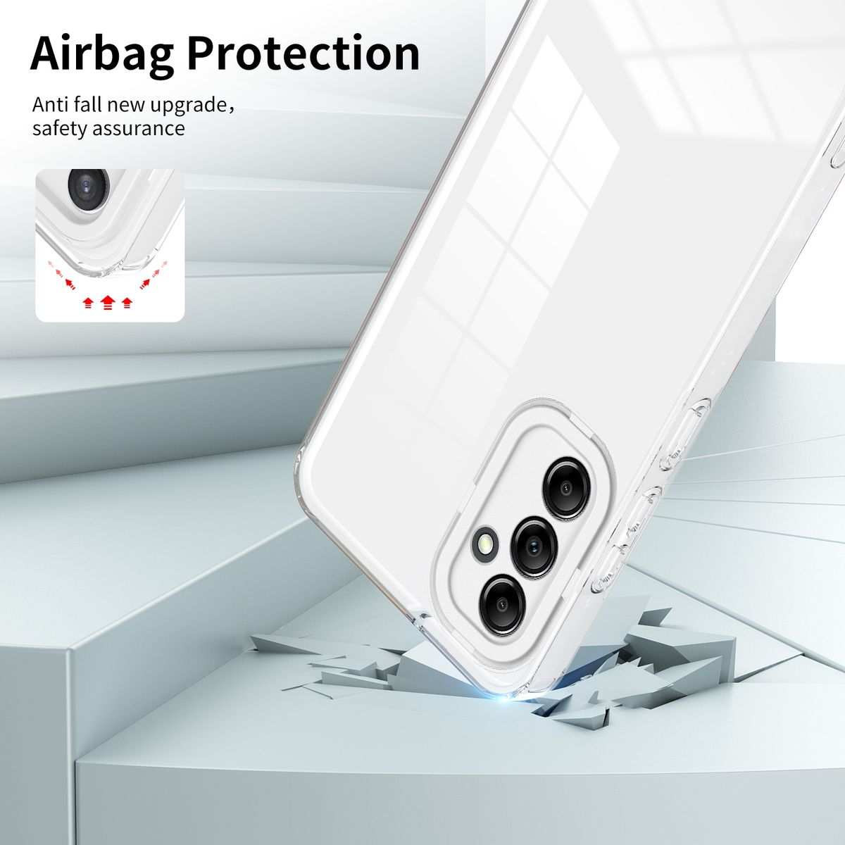 Eine transparente Handyhülle auf einer grauen Oberfläche, mit zerbrochenem Beton. Text erwähnt Airbag-Schutz.