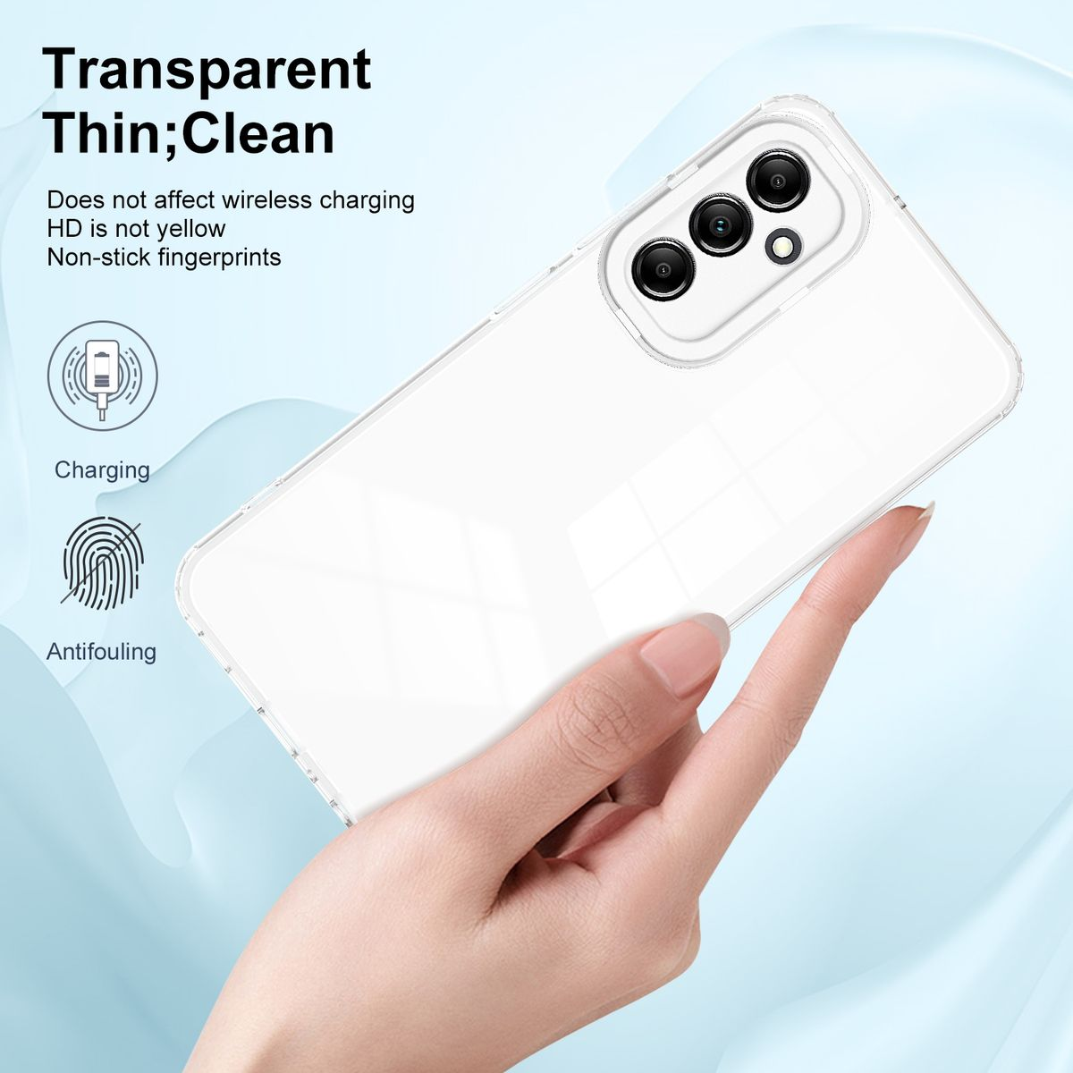 Transparente Handyhülle mit Telefon. Text weist darauf hin, dass es das kabellose Laden nicht beeinträchtigt und nicht vergilbt.
