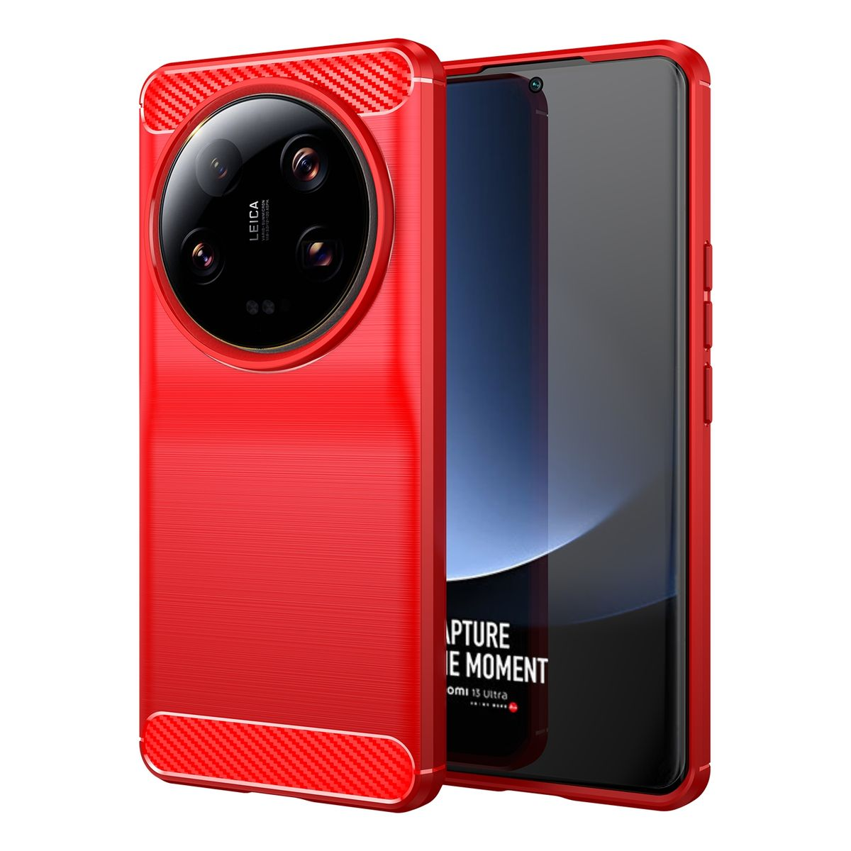 Rote Handyhülle mit Kamera und Telefondetails sichtbar.
