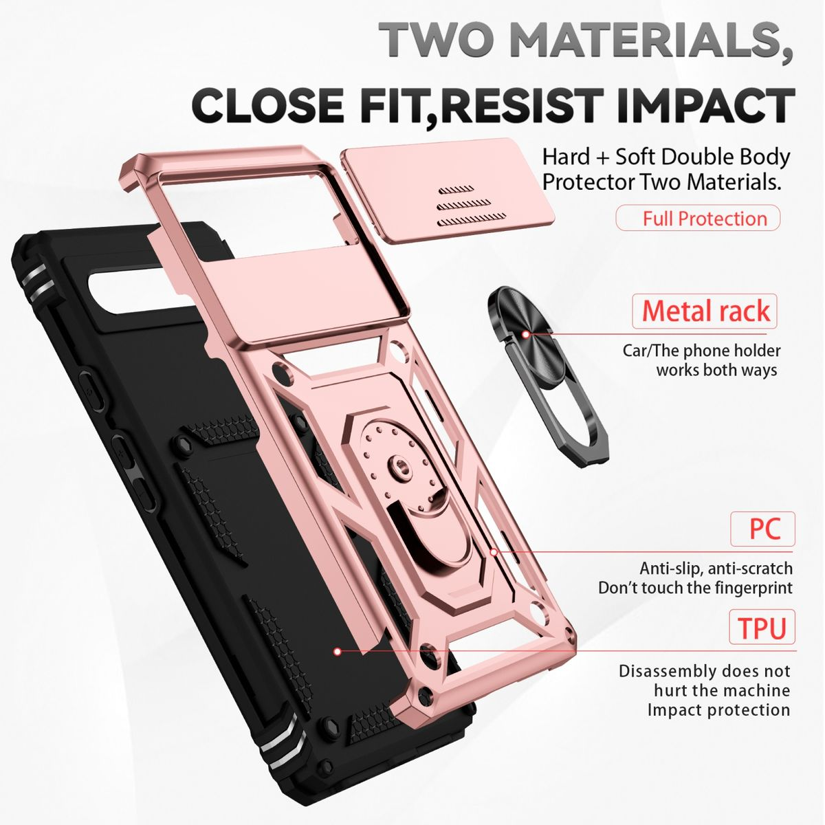 Roségoldene und schwarze Handyhülle mit zwei Materialien. Die Hülle hat ein Metallgestell.