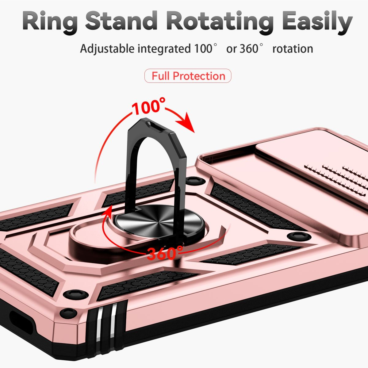 Roségoldene Handyhülle mit Ringständer. Text: Ringständer lässt sich leicht drehen. Einstellbare Drehung.