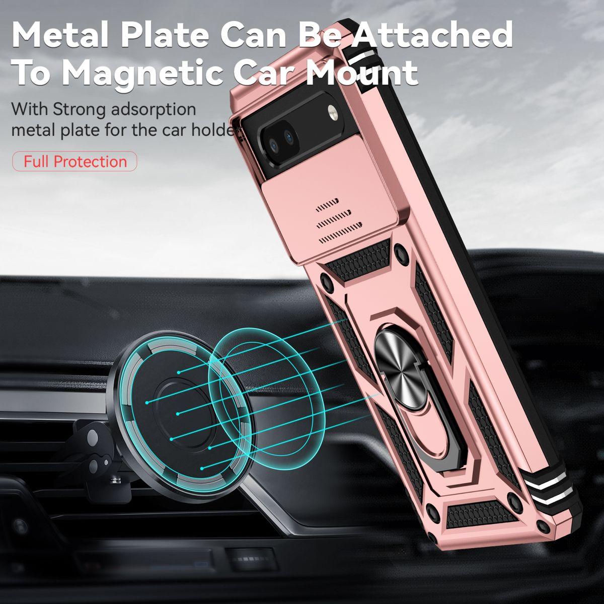 Roségoldene Handyhülle mit magnetischer Kfz-Halterung. Die Handyhülle hat einen Ringhalter.