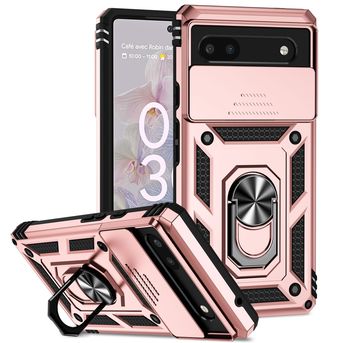 Roségoldene Handyhüllen, mit Telefon darin. Hüllen haben Kameraabdeckung und Ringständer.