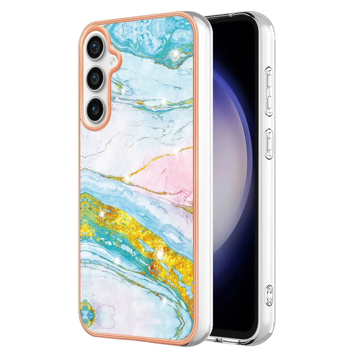 Handyhülle mit Marmordesign. Das Telefon ist sichtbar, die Hülle hat einen goldenen Rand.