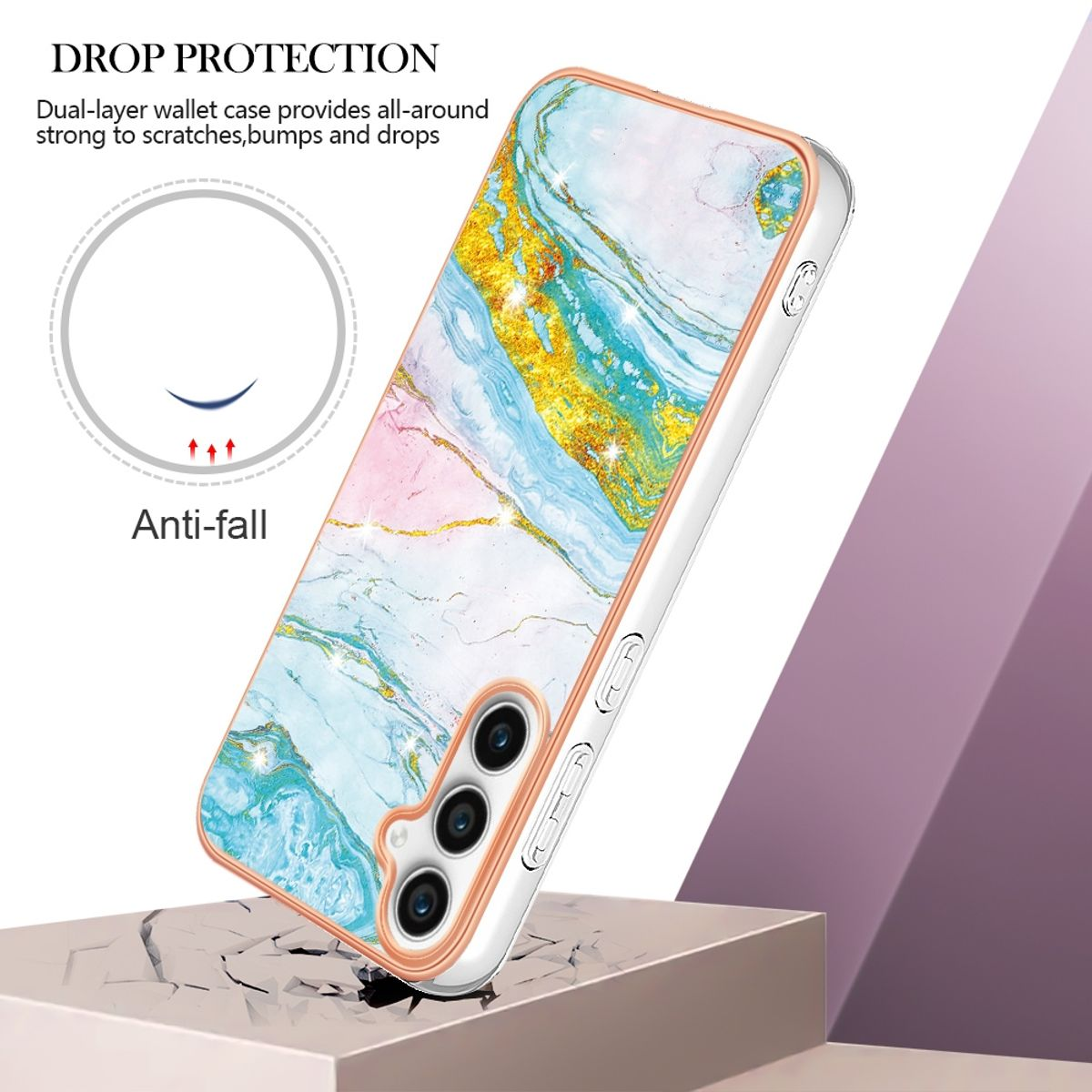Handyhülle mit Marmordesign, roségoldfarbener Umrandung und weißem Rand. Anti-Fall-Schutz auf einer zerbrochenen Oberfläche.