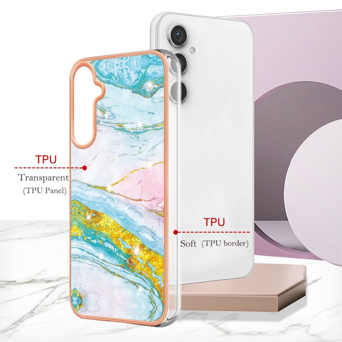 Handyhülle mit Marmordesign und durchsichtigem Rücken, und ein Telefon auf rosa Oberfläche.