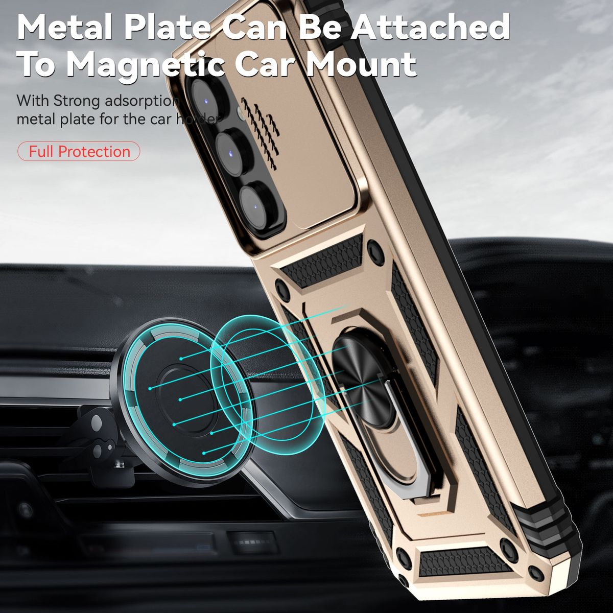Goldene Handyhülle an Autohalterung. Text: Metallplatte kann an magnetischer Autohalterung befestigt werden.
