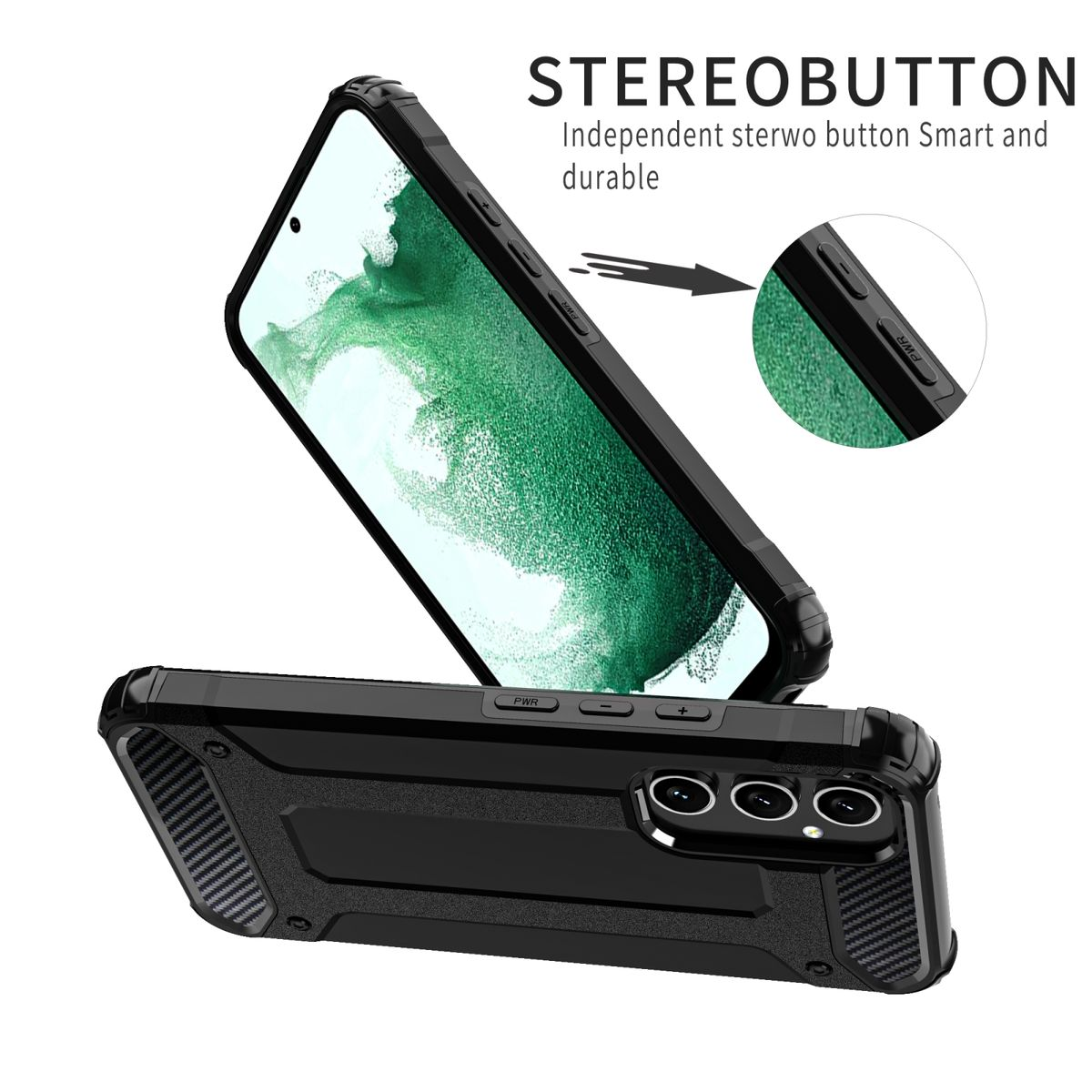 Eine schwarze Handyhülle mit Stereotaste und zusätzlichen Tasten. Die Hülle liegt auf einer weißen Oberfläche.