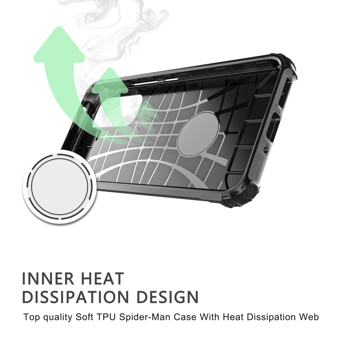Schwarze Handyhülle mit innerem Wärmeableitungs-Webdesign und weißem Kreis.