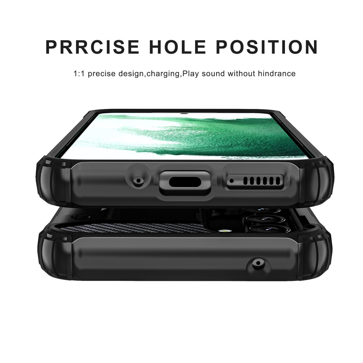 Zwei Teile einer schwarzen Handyhülle. Einer zeigt das Telefon im Inneren, der andere die Außenseite. Text: Lochposition.
