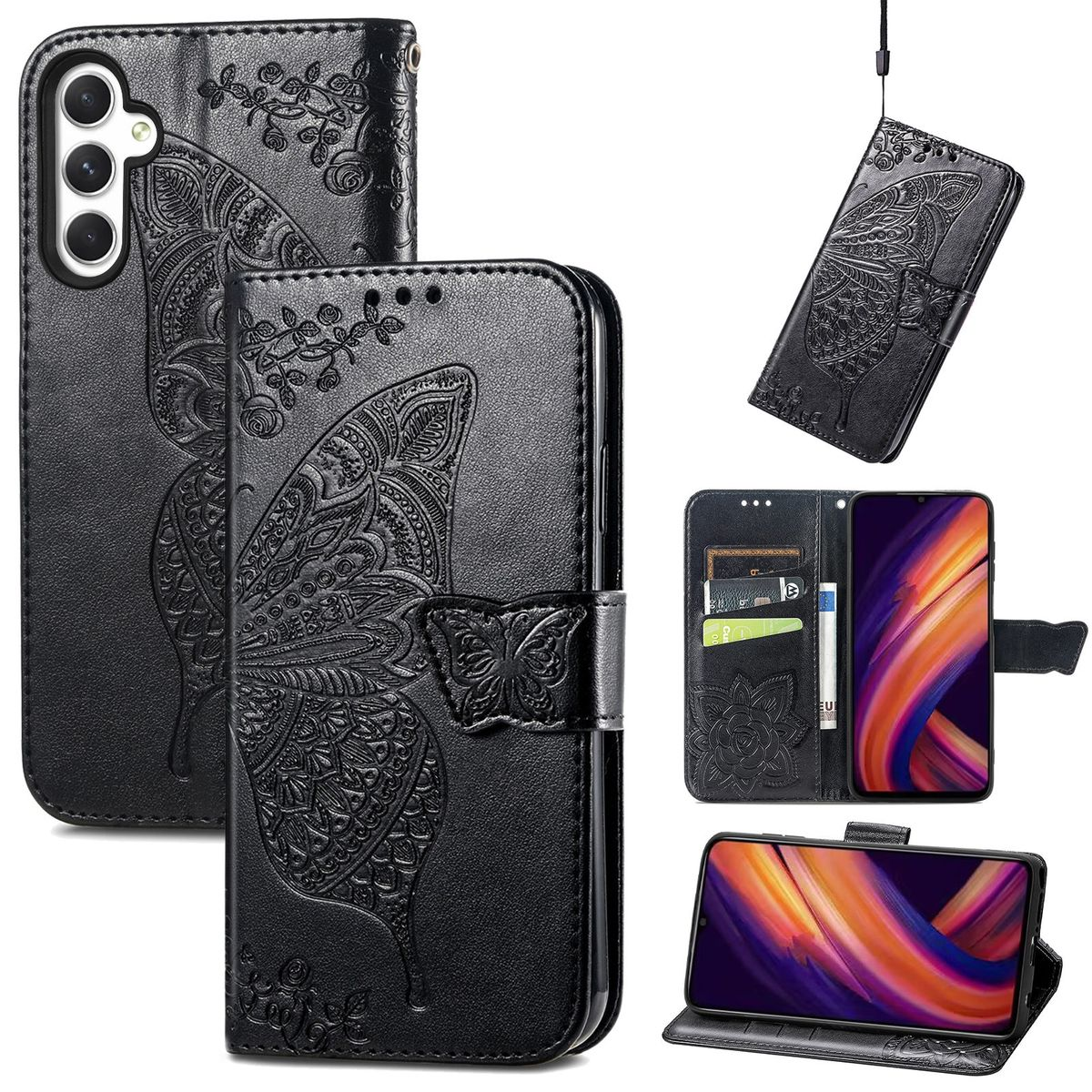 Handyhülle mit Schmetterlingsdesign, geöffnet und geschlossen, mit Telefon darin.