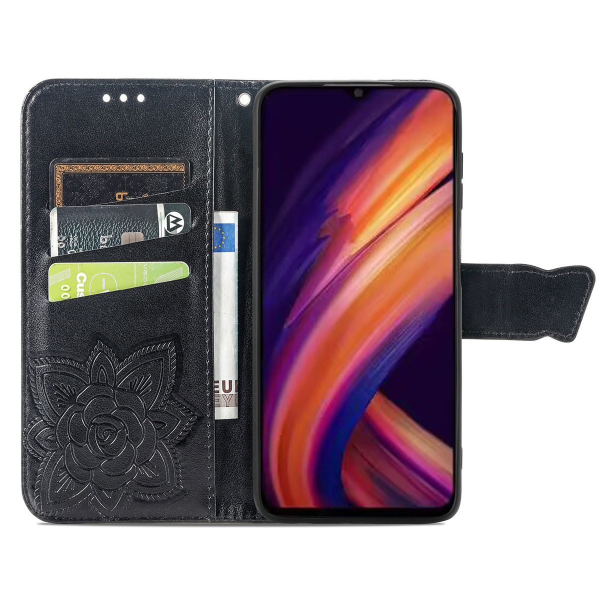 Eine schwarze Leder-Handyhülle mit floralem Design. Sie hat Kartenfächer und ein sichtbares Telefon.
