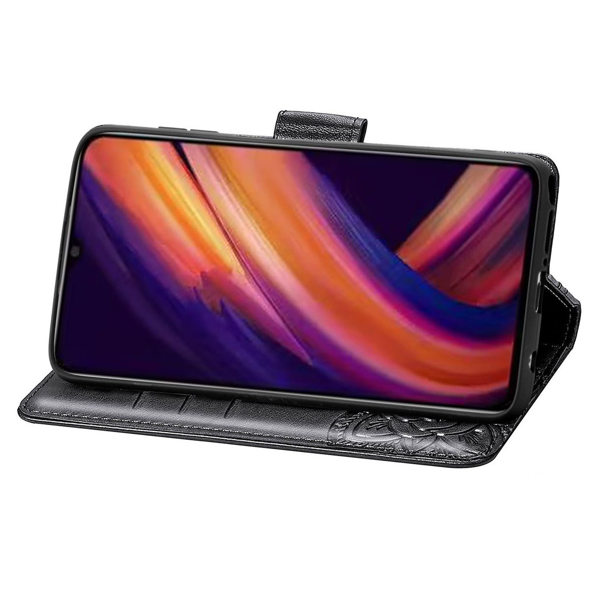 Schwarzes Telefon in einer offenen Lederhülle. Telefon zeigt ein farbenfrohes abstraktes Design.