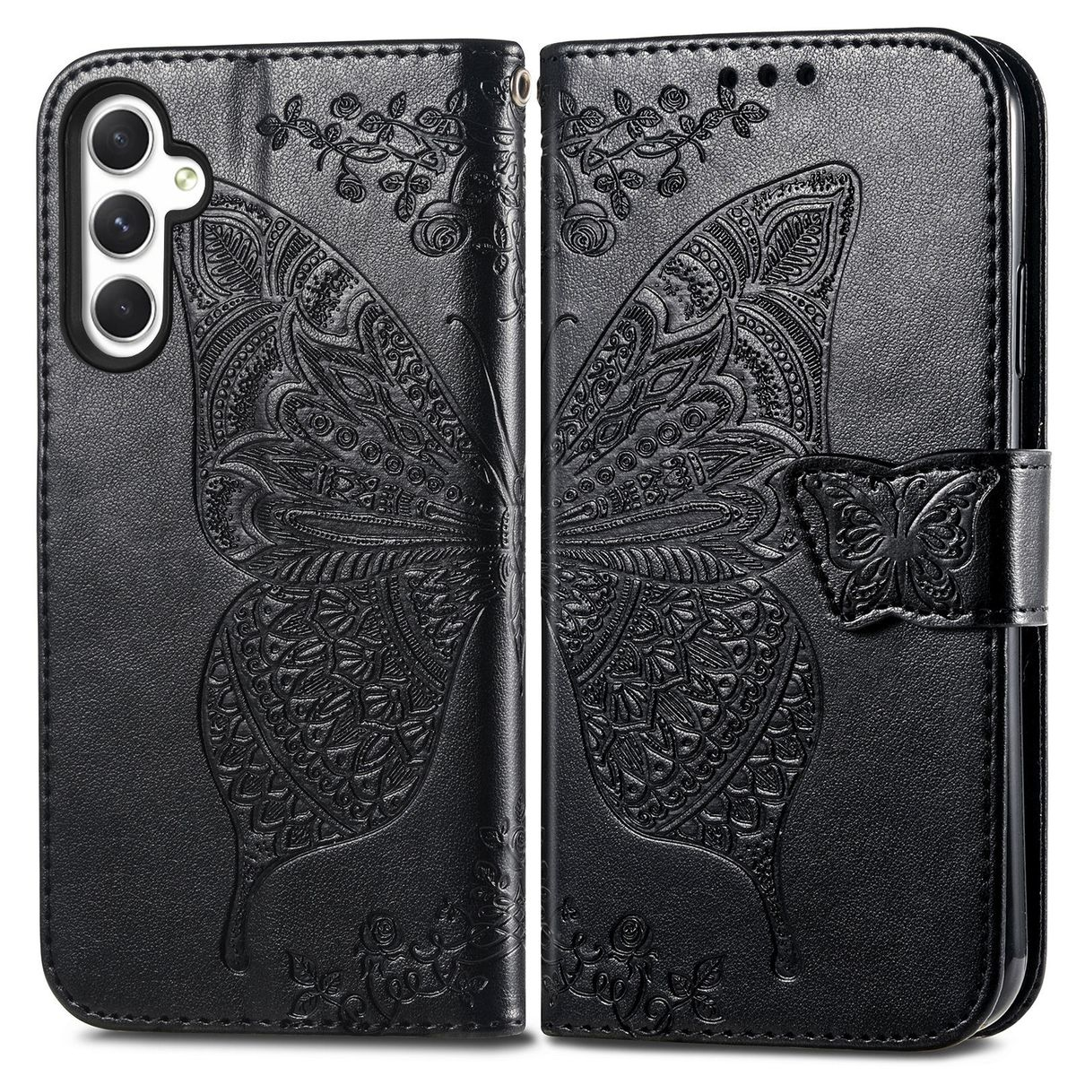 Schwarze Handyhülle mit Schmetterlingsdesign. Zeigt die Hülle, offen und geschlossen, mit Details.