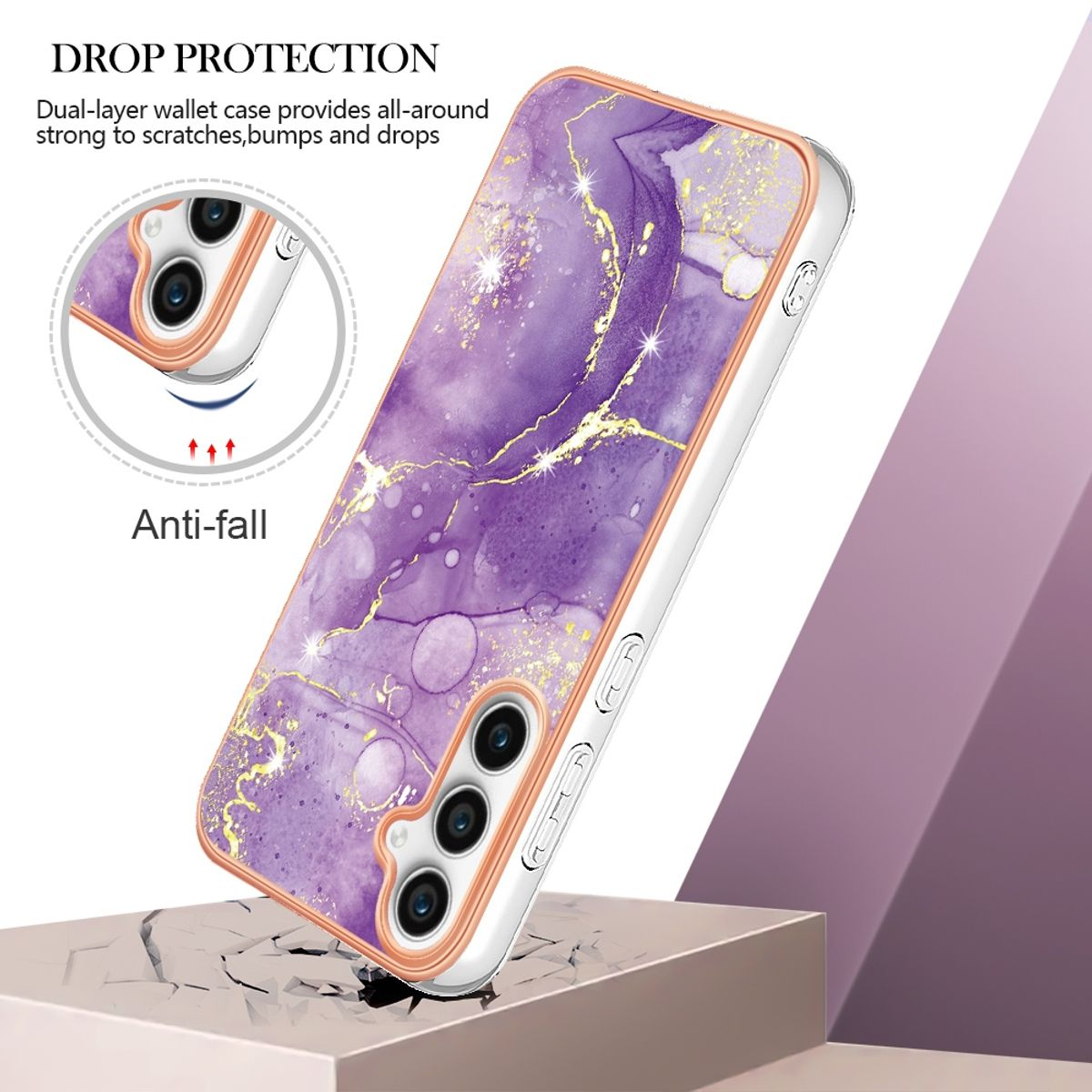 Lila Handyhülle mit Marmordesign und Text: Drop Protection und Anti-Fall.