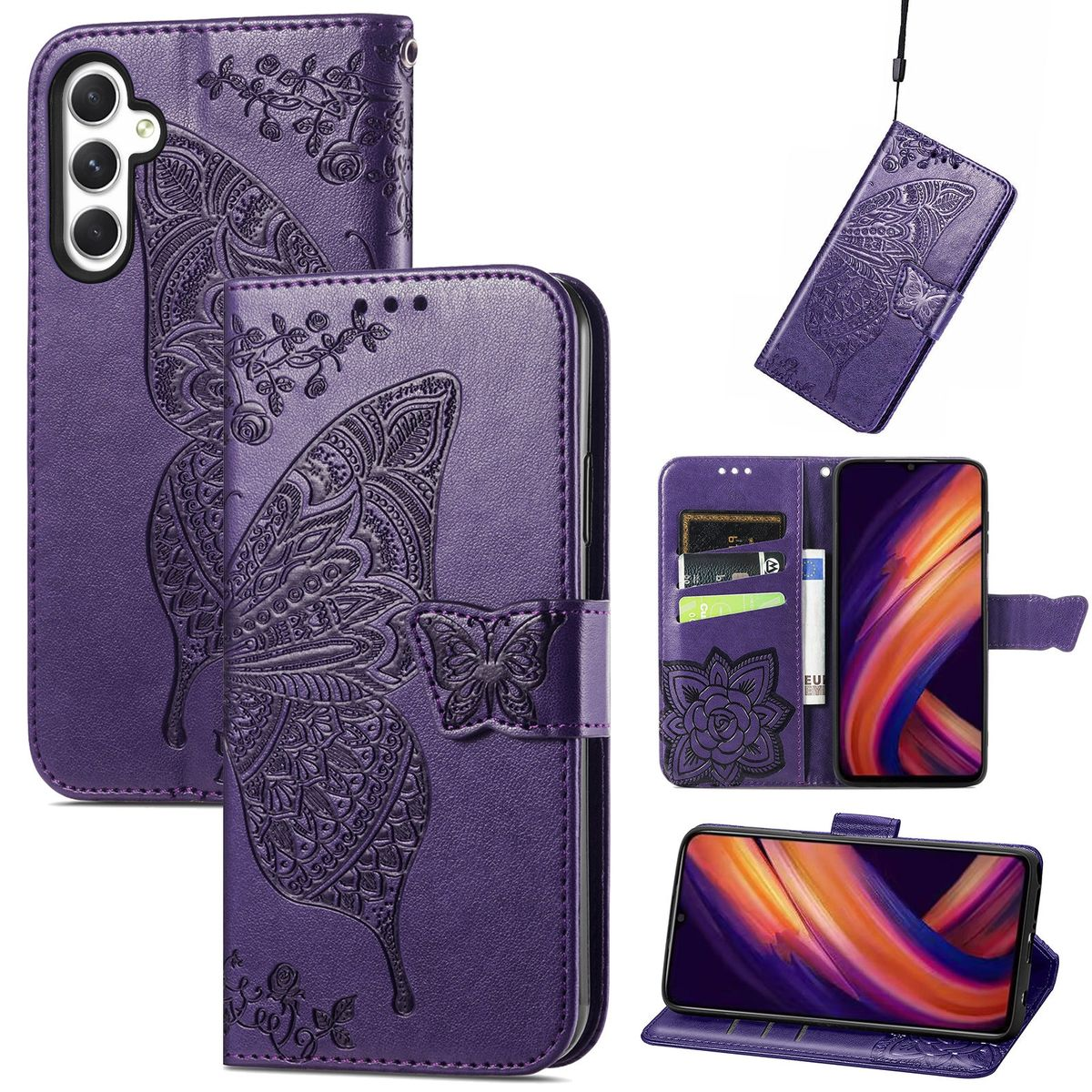 Lila Handyhülle mit Schmetterlingsdesign. Mehrere Ansichten der Hülle werden gezeigt.