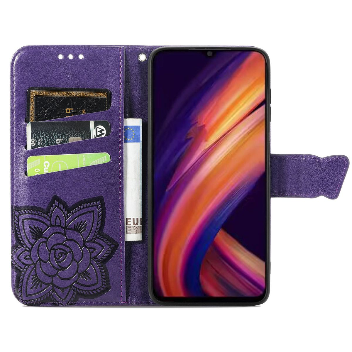 Lila Handyhülle mit floralem Design, Karten und einem Telefon, das ein farbenfrohes Bild zeigt.