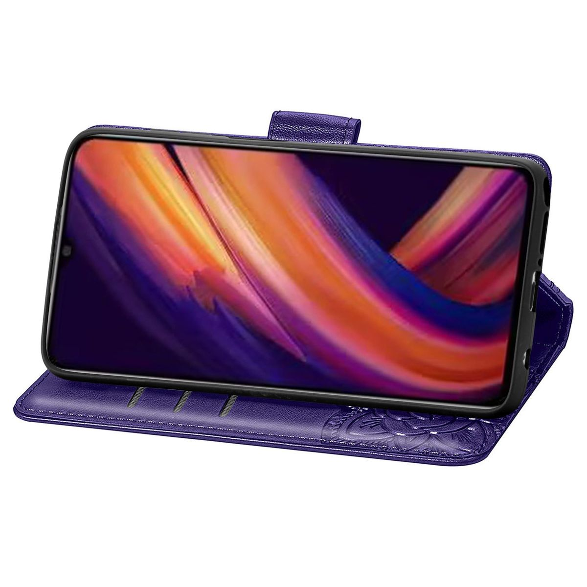 Lila Handyhülle mit floralem Design. Das Telefon ist innen. Es ist eine Brieftaschenhülle.