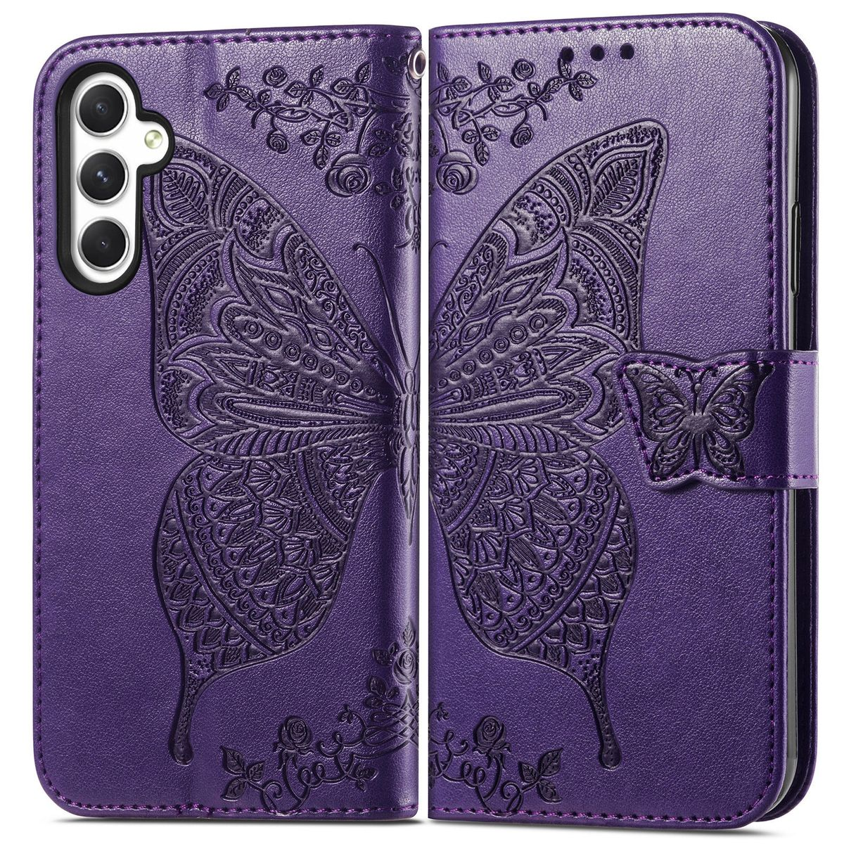 Lila Handyhülle mit Schmetterlingsdesign. Geprägter Schmetterling auf der Hülle, mit Magnetverschluss.