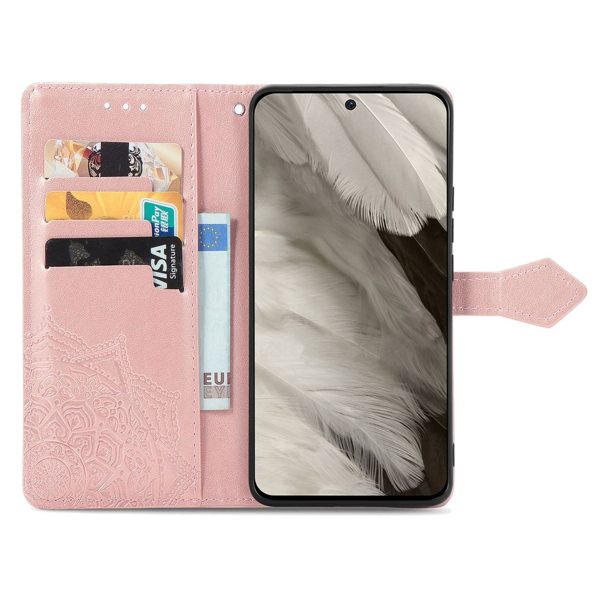 Rosa Handyhülle mit Karten und Telefon. Der Bildschirm des Telefons ist sichtbar.
