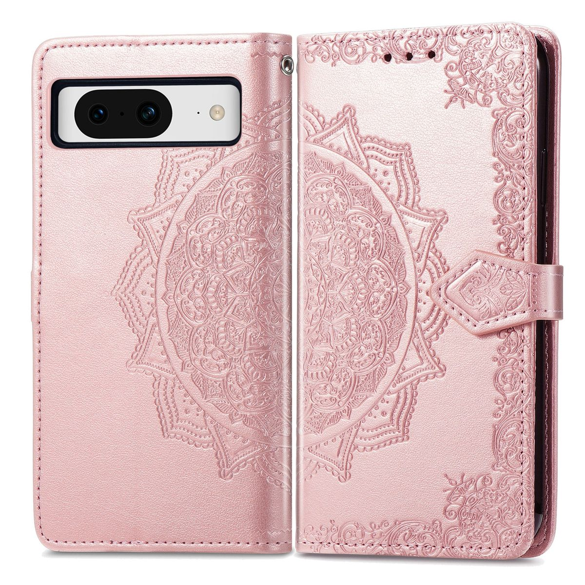 Rosa Leder-Handyhülle mit Mandala-Design. Sie hat einen Magnetverschluss und ein Telefon ist auf der linken Seite sichtbar.