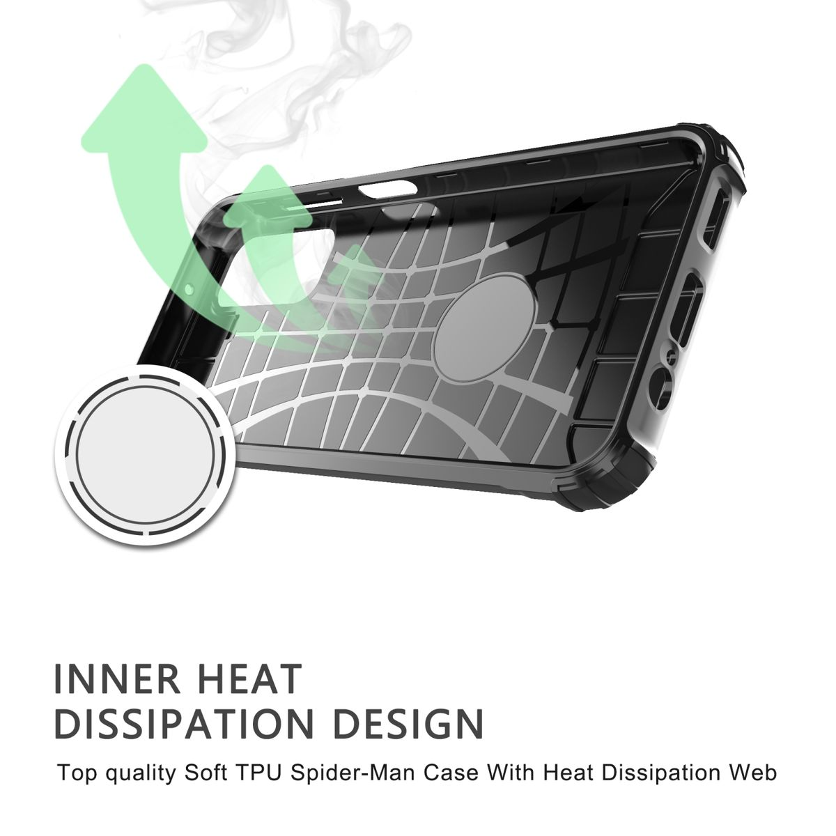 Schwarze Handyhülle mit Wärmeableitungsdesign. Grüner Pfeil zeigt den Luftstrom.