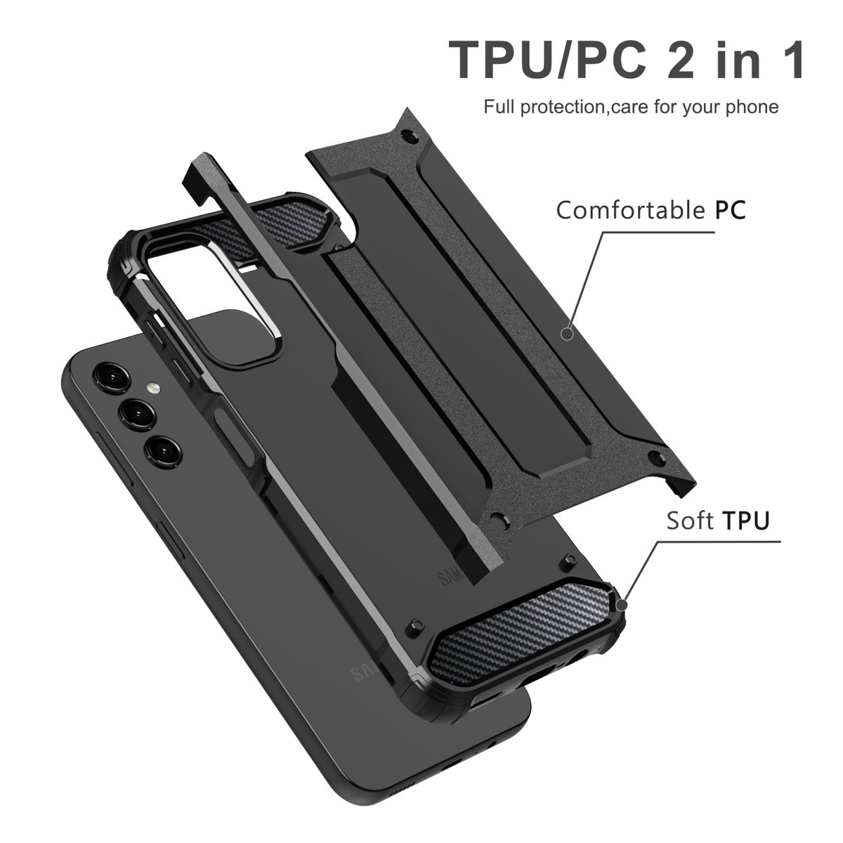 Schwarze Handyhülle mit Telefon. Hülle in Teilen. Text: TPU/PC 2 in 1, Bequemes PC, Weiches TPU.