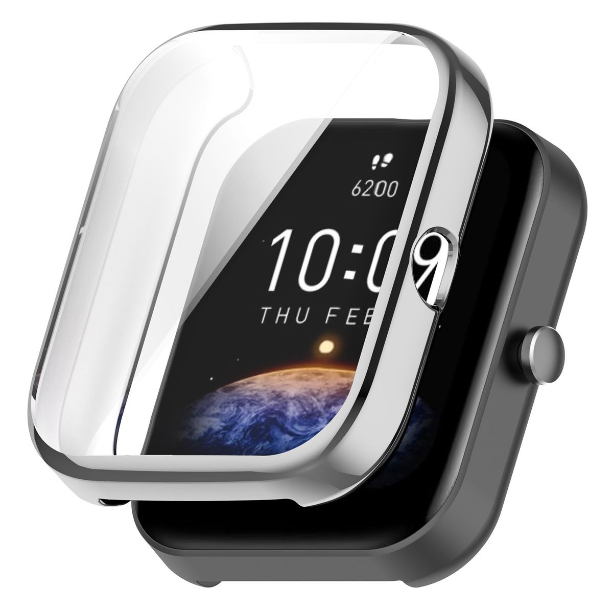 Smartwatch mit Abdeckung. Schwarz und Silber. Anzeige zeigt Uhrzeit und Datum.
