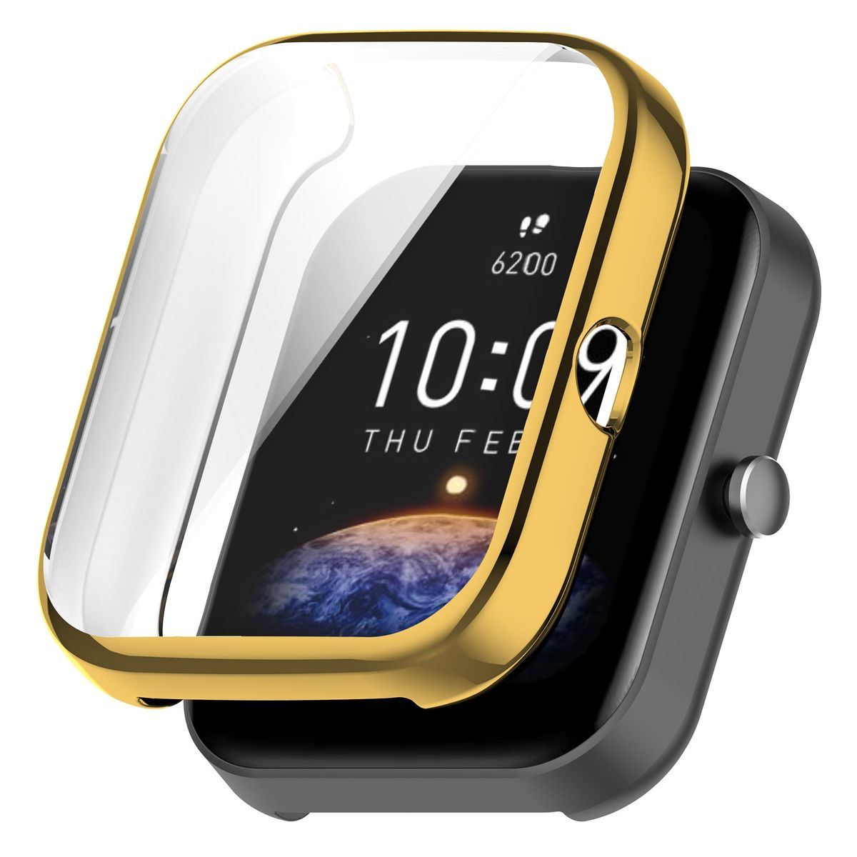 Smartwatch mit goldfarbenem Rahmen und klarer Abdeckung. Zeigt Zeit und Datum. Schwarzes Armband.