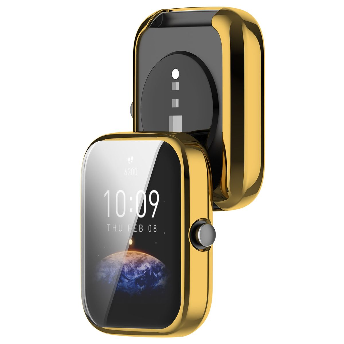 Goldene Smartwatch-Hülle, Telefonbildschirm sichtbar. Schwarzer Hintergrund.