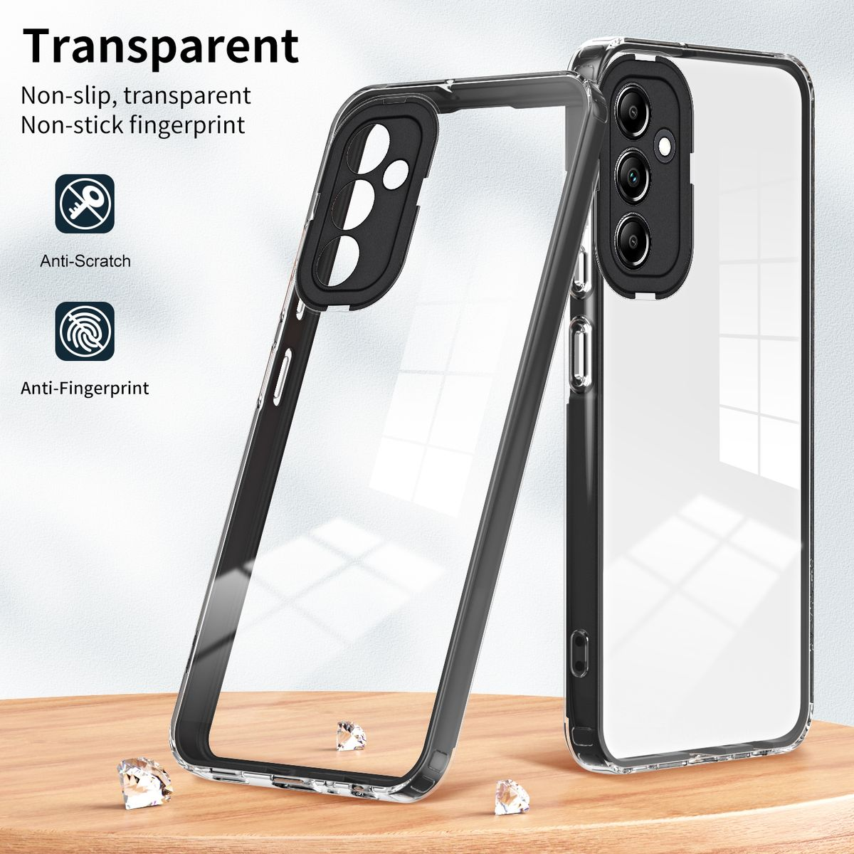 Transparente Handyhülle, zeigt die Hülle und ein Telefon darin, mit Anti-Kratz-Funktionen.