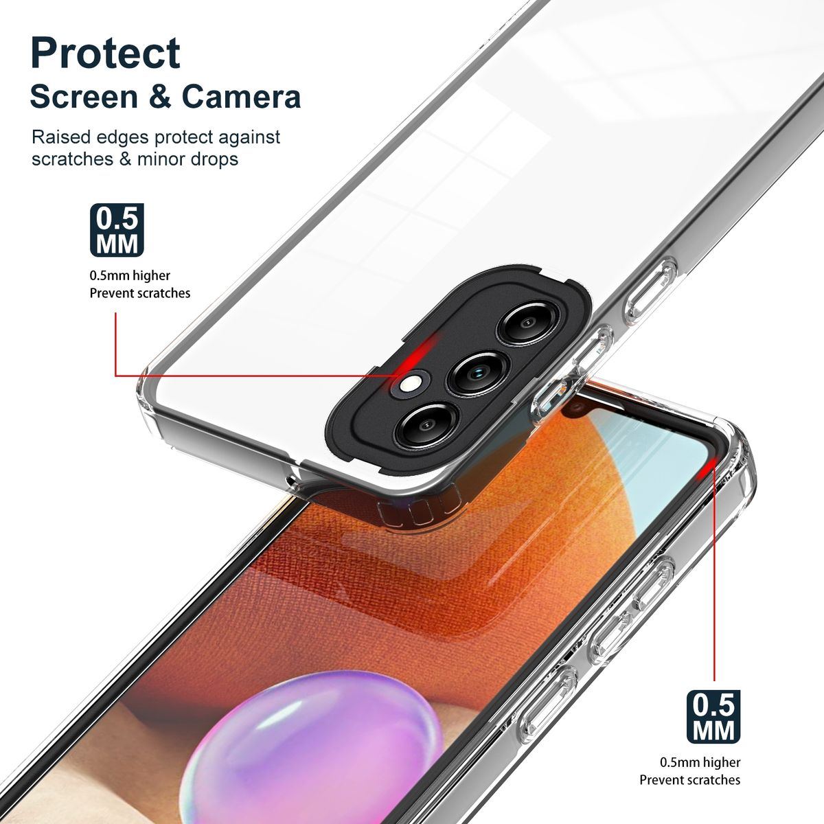 Eine transparente Handyhülle wird mit einem Telefon darin gezeigt. Die Hülle hat erhöhte Kanten, um das Telefon zu schützen.