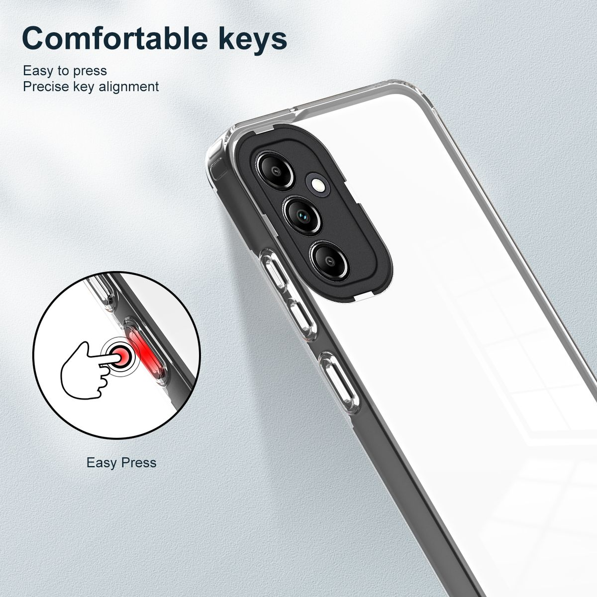 Ein Telefon mit einer transparenten Hülle, das leicht zu drückende Tasten zeigt.
