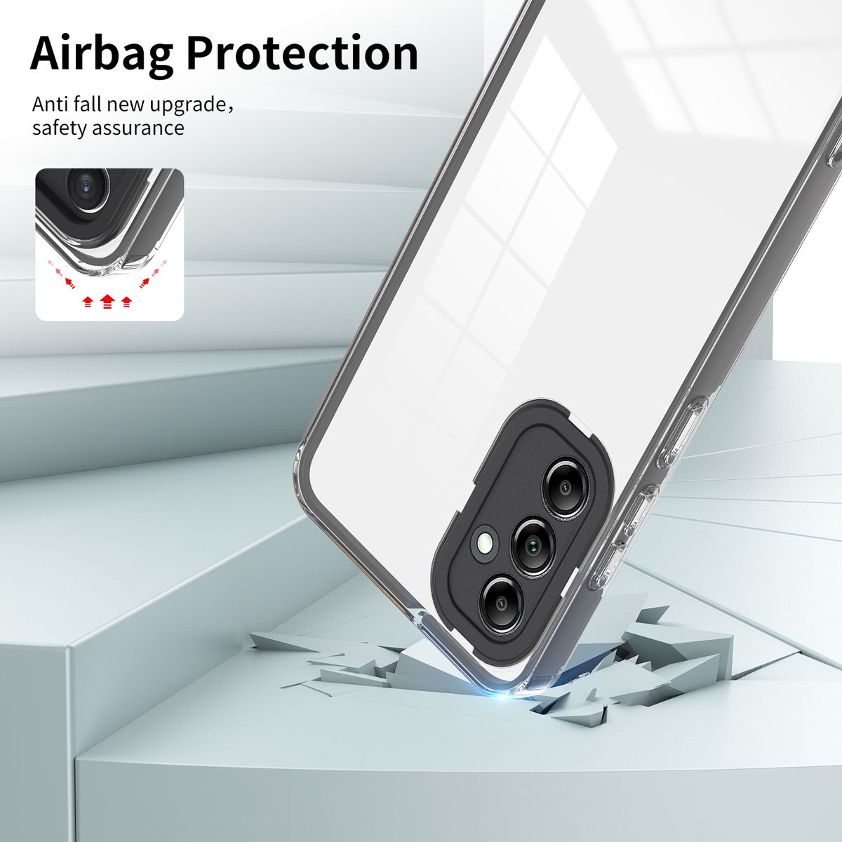 Eine Handyhülle mit durchsichtigem Rücken und schwarzem Rahmen. Das Telefon liegt auf einer zerbrochenen Oberfläche. Text: Airbag-Schutz.