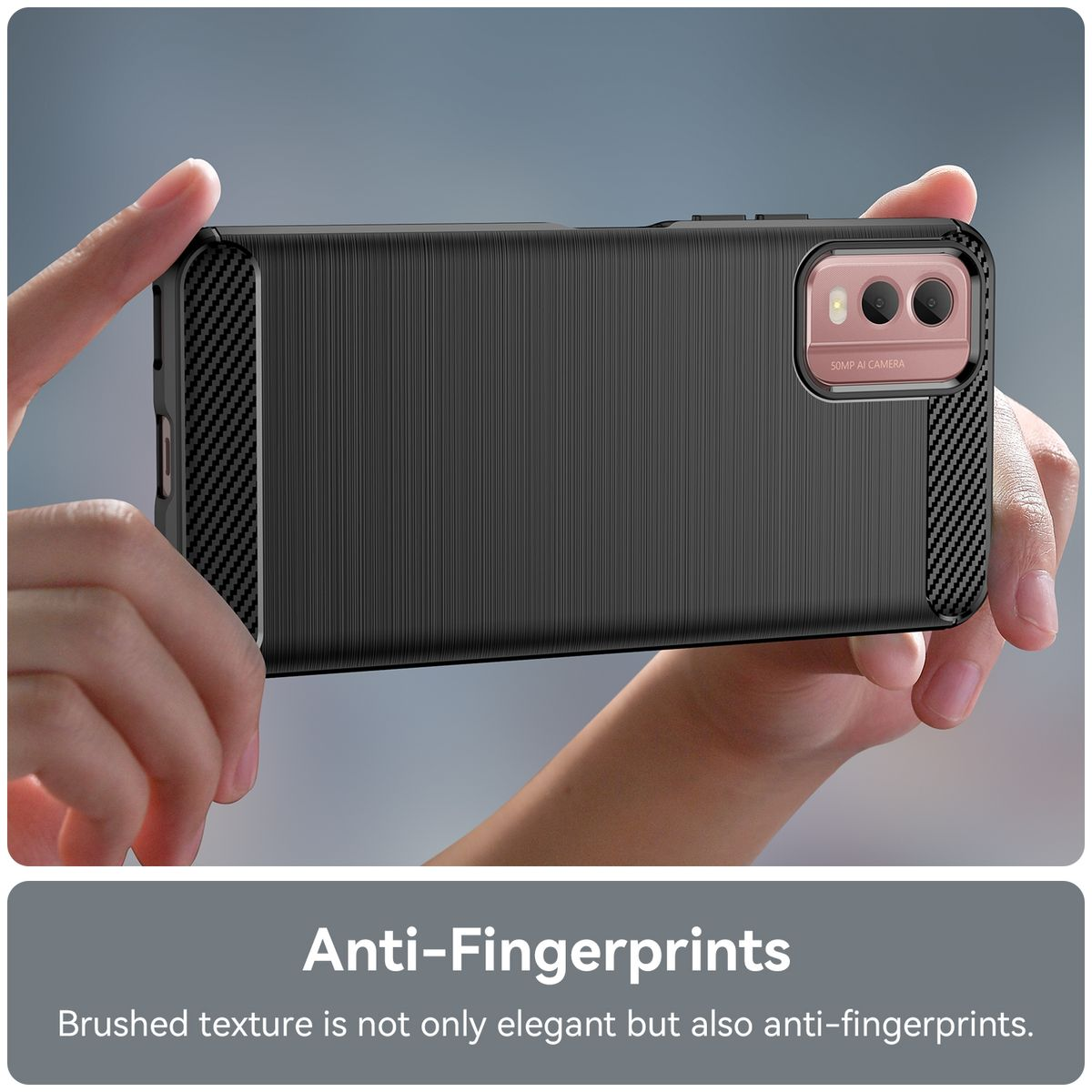 Hände halten eine schwarze Handyhülle. Der Text lautet Anti-Fingerprints. Gebürstete Textur ist elegant.