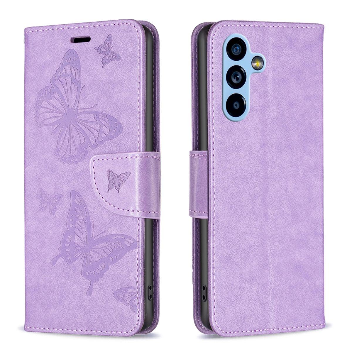 Eine lila Handyhülle mit Schmetterlingsmotiven. Die Hülle ist offen und zeigt das Telefon.