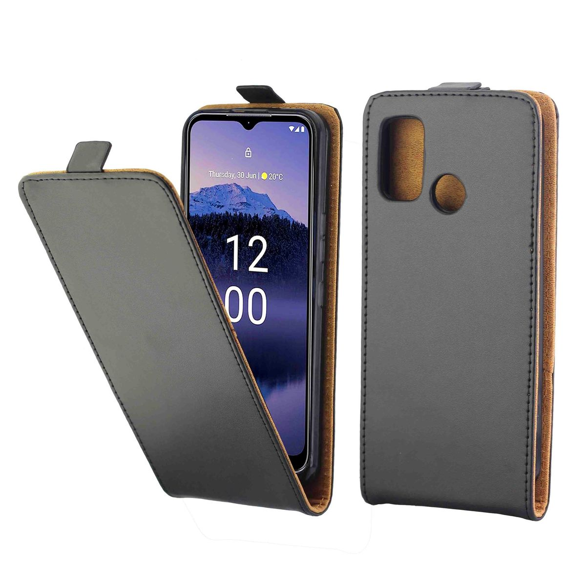 Schwarze Handyhülle mit Telefon, das die Uhrzeit anzeigt, geöffnet, auf weißem Grund.