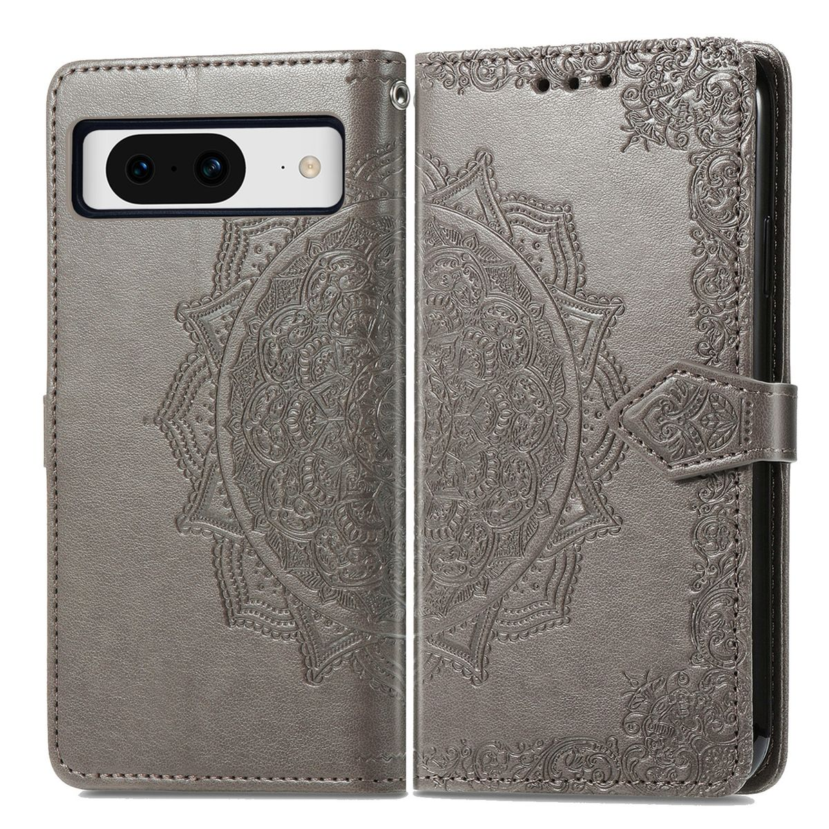 Graue Handyhülle, geprägtes Mandala-Design. Telefon befindet sich auf der linken Seite.
