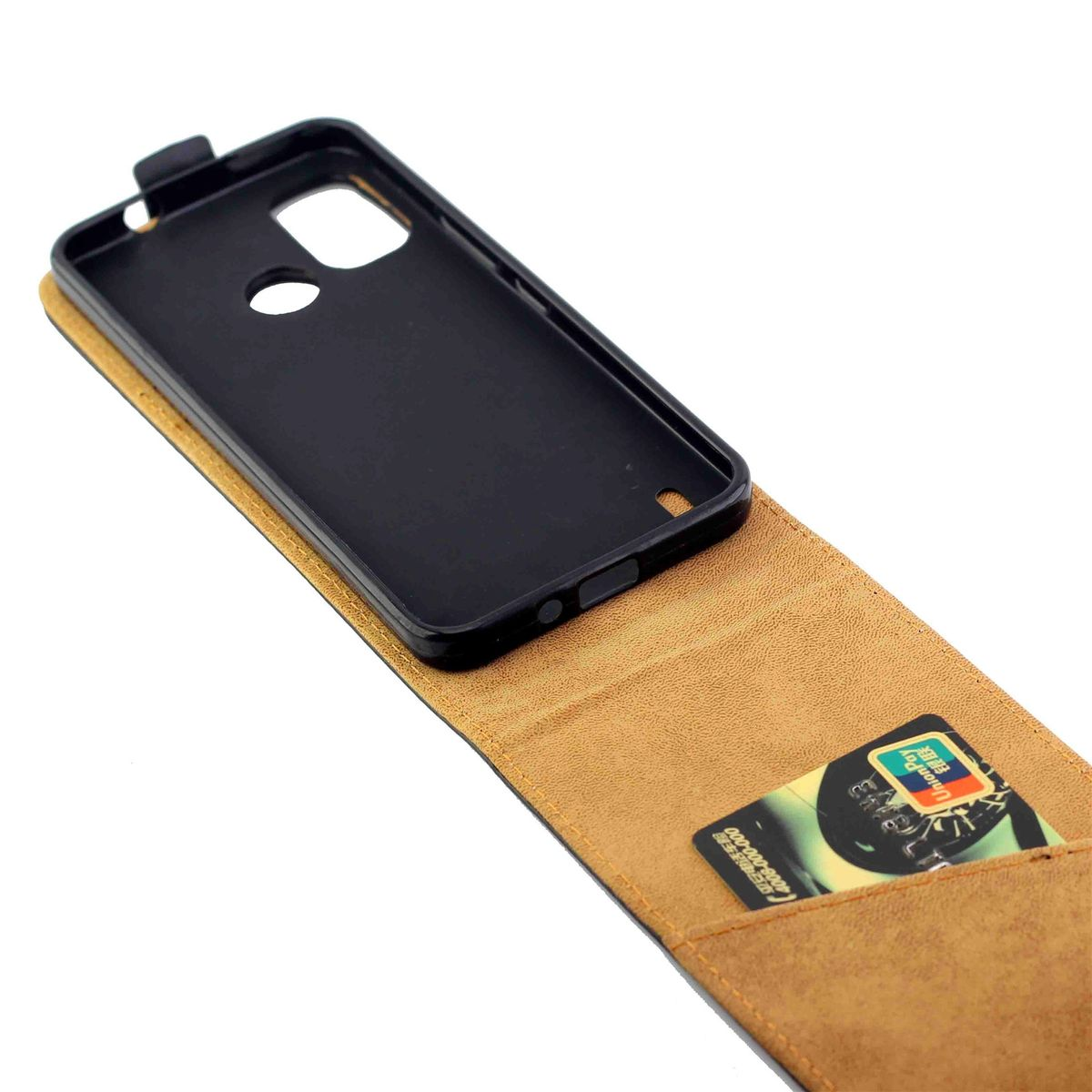 Geöffnete Handyhülle mit Karte in der Tasche und Telefonform im Inneren.