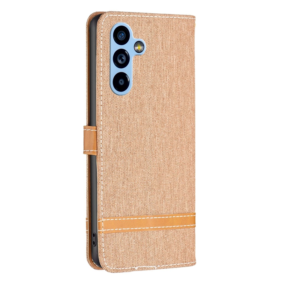 Geöffnete Handyhülle mit Handy. Außen beige mit braunem Lederriemen.