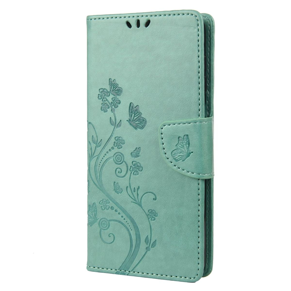 Eine mintgrüne Handyhülle mit floralem Design und Magnetverschluss.