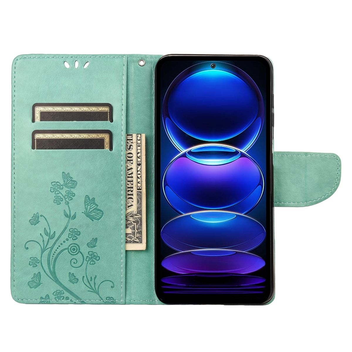 Mintgrüne Handyhülle mit einem Telefon. Das Telefon zeigt Dollar.