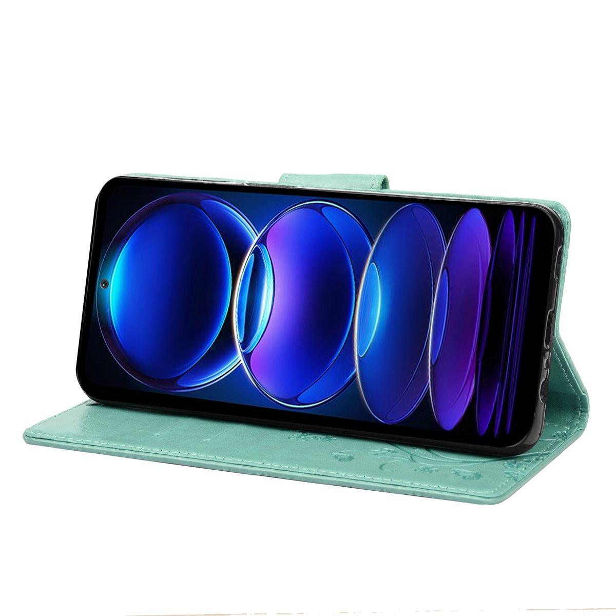 Eine türkisfarbene Handyhülle, das Telefon wird angezeigt. Die Hülle hat ein Blumendesign. Der Telefonbildschirm zeigt ein blaues Design.