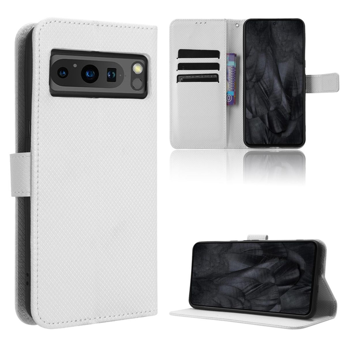Weiße Handyhülle mit einem Telefon. Die Hülle hat ein Portemonnaie-Design, mit Kartenfächern.