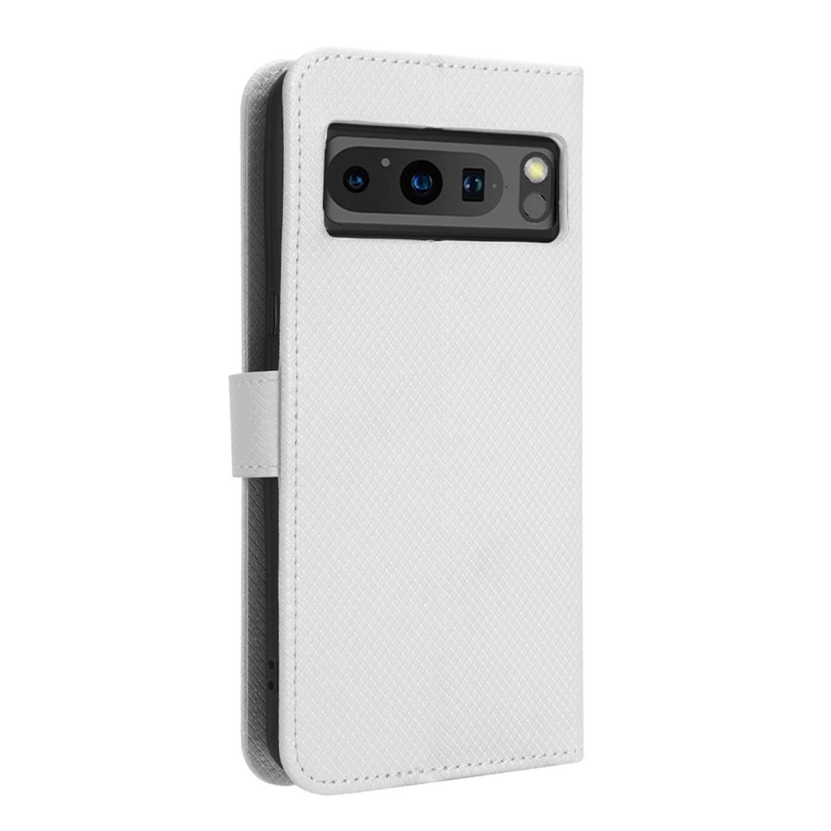 Weiße Handyhülle mit Telefon, das Kameramodul des Telefons zeigt.