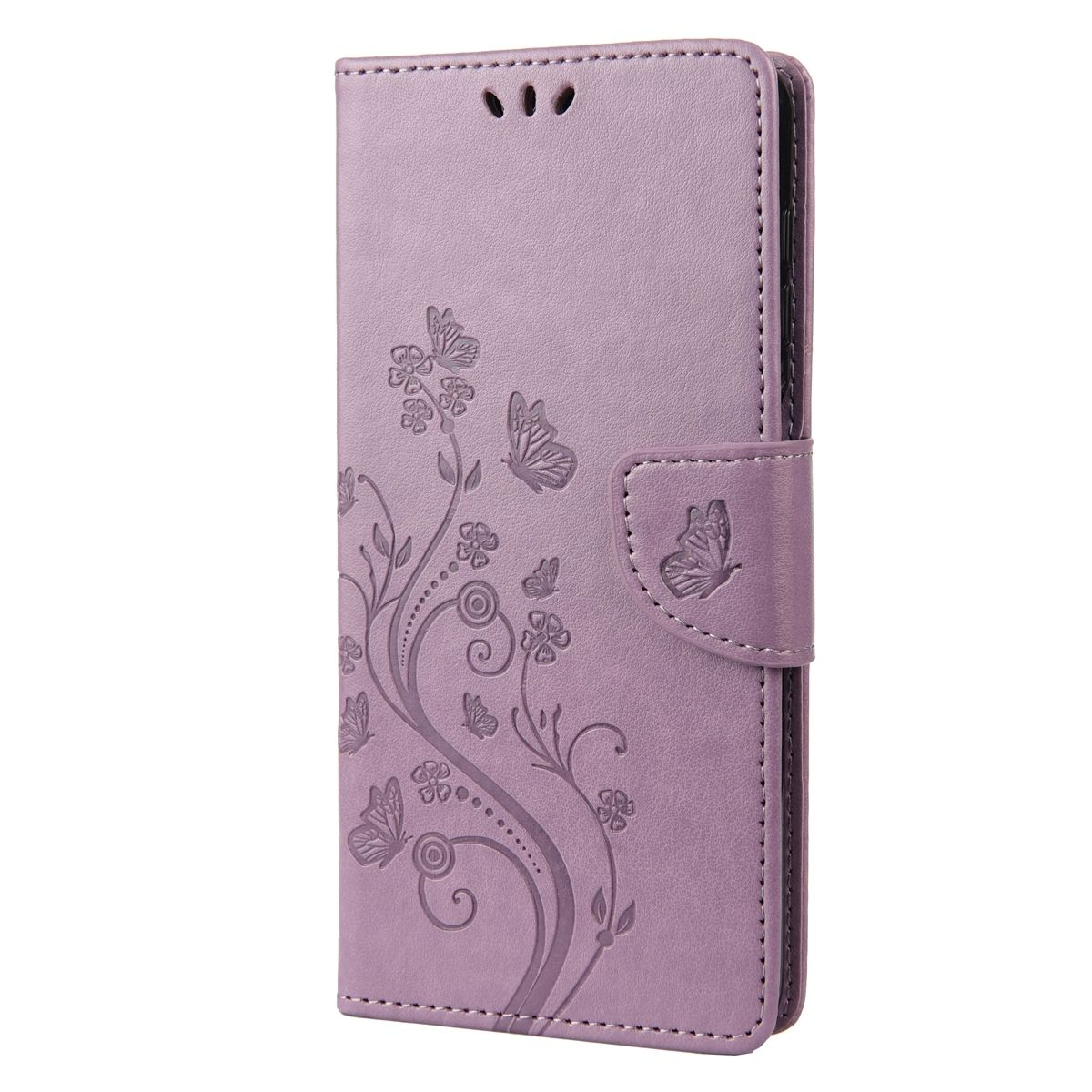 Lila Handyhülle mit Blumen- und Schmetterlingsdesign, geschlossen, mit einem Riemen.