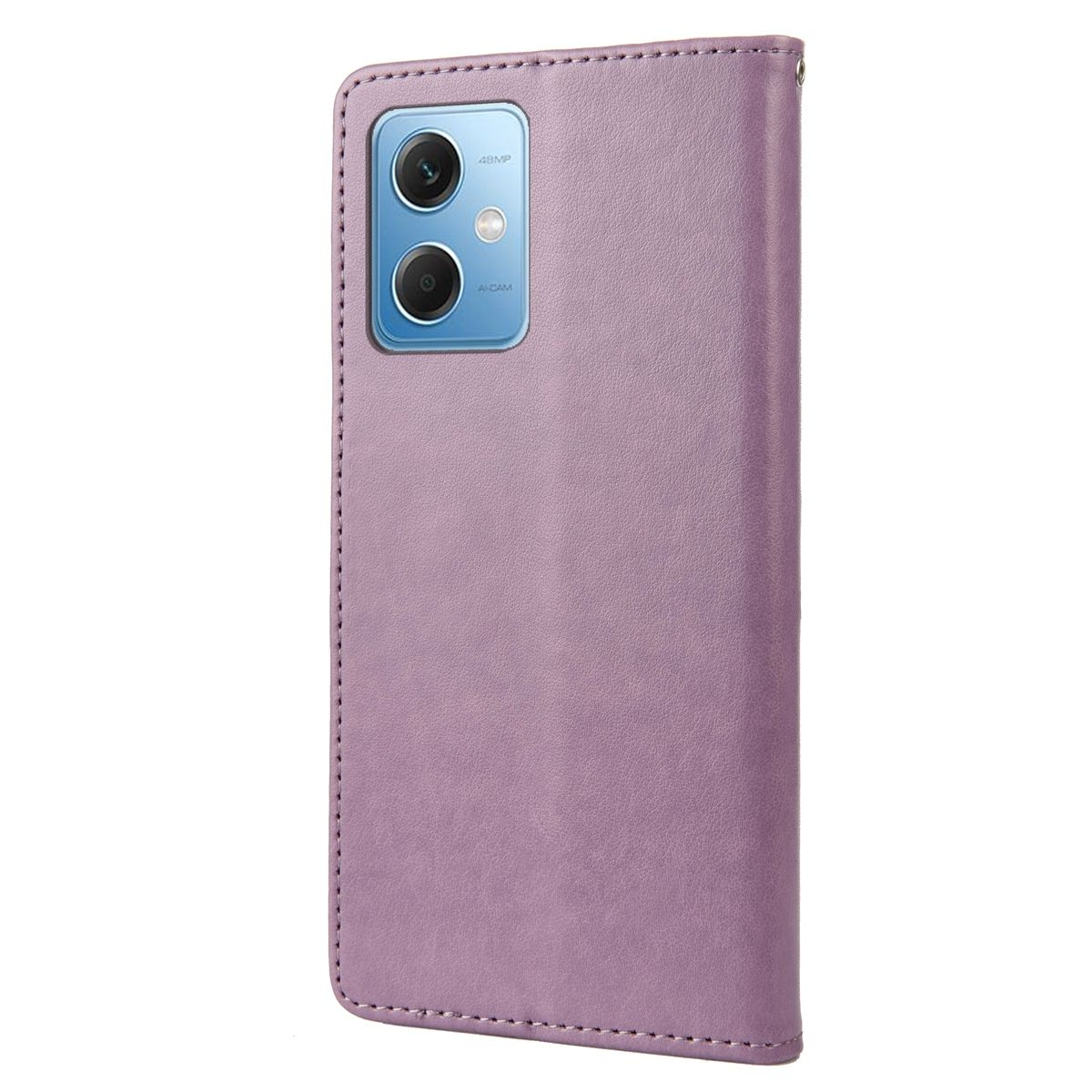 Eine lila Handyhülle mit einem Telefon darin, die Hülle ist geschlossen und zeigt die Kamera.